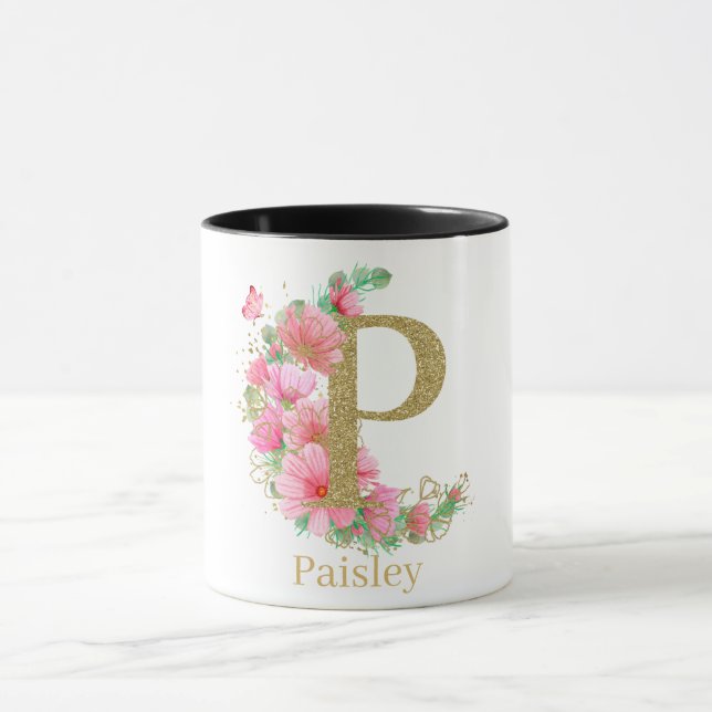 Vattenfärg Guld och Blommig Monogram Bokstav P Mugg (Center)