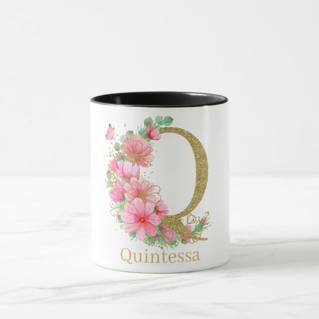 Vattenfärg Guld och Blommig Monogram Bokstav Q Mugg (Center)