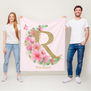 Vattenfärg Guld och Blommig Monogram Bokstav R Fleecefilt
