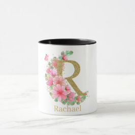 Vattenfärg Guld och Blommig Monogram Bokstav R Mugg