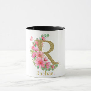 Vattenfärg Guld och Blommig Monogram Bokstav R Mugg