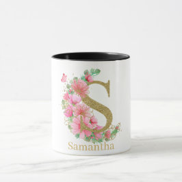 Vattenfärg Guld och Blommig Monogram Bokstav S Mugg