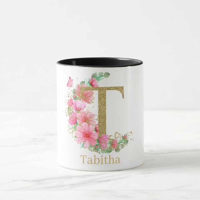 Vattenfärg Guld och Blommig Monogram Bokstav T Mugg (Center)