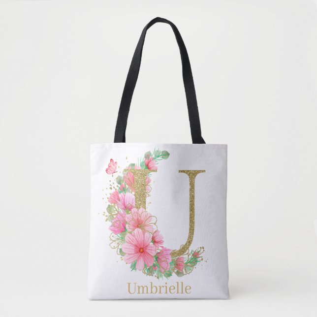 Vattenfärg Guld och Blommig Monogram Bokstav U Tygkasse (Framsida)