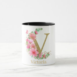 Vattenfärg Guld och Blommig Monogram Bokstav V Mugg