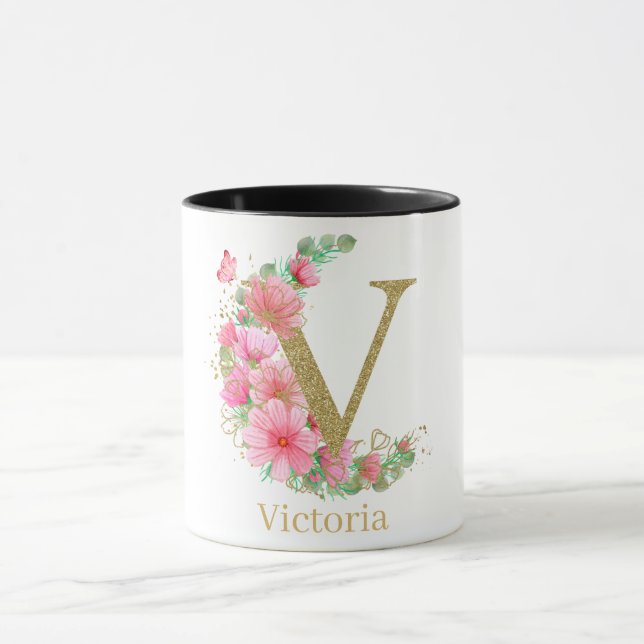 Vattenfärg Guld och Blommig Monogram Bokstav V Mugg (Center)
