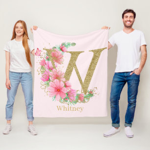 Vattenfärg Guld och Blommig Monogram Bokstav W Fleecefilt
