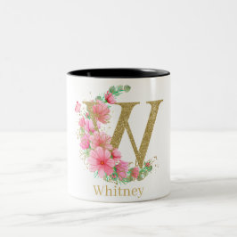 Vattenfärg Guld och Blommig Monogram Bokstav W Två-Tonad Mugg