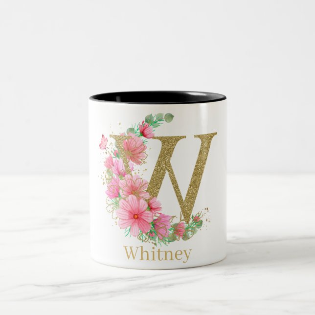 Vattenfärg Guld och Blommig Monogram Bokstav W Två-Tonad Mugg (Center)