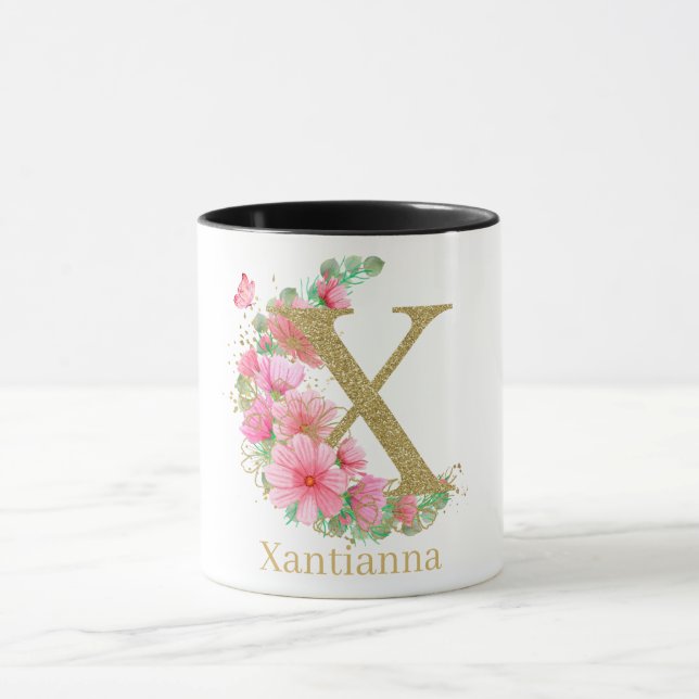 Vattenfärg Guld och Blommig Monogram Bokstav X Mugg (Center)