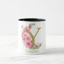 Vattenfärg Guld och Blommig Monogram Bokstav Y Mugg