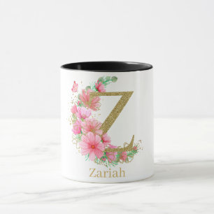 Vattenfärg Guld och Blommig Monogram Bokstav Z Mugg