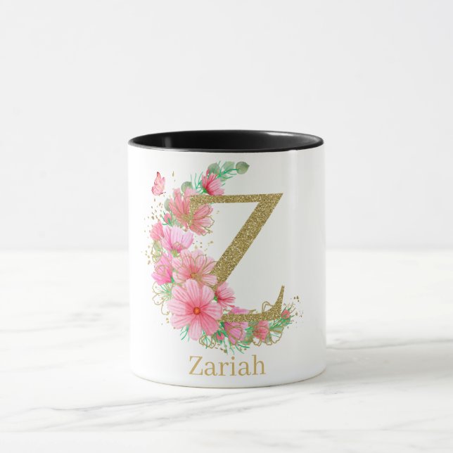 Vattenfärg Guld och Blommig Monogram Bokstav Z Mugg (Center)