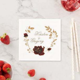 Vattenfärg Guld Och Röda Rosor Monogram Papper Pappersservett