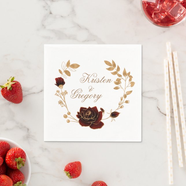 Vattenfärg Guld Och Röda Rosor Monogram Papper Pappersservett (Insitu)