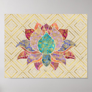Vattenfärg & guld- paisley dekorerad lotusblomma poster