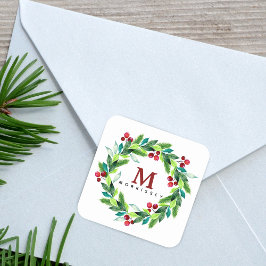 Vattenfärg Hallie och Bär Krans Monogram Fyrkantigt Klistermärke