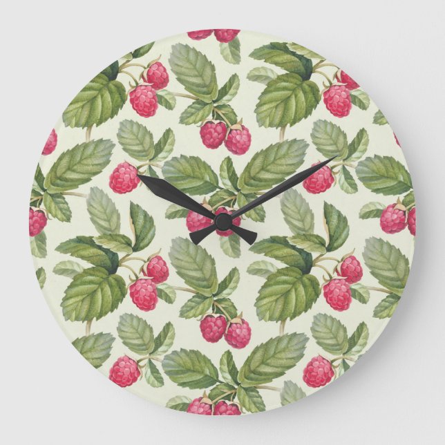 Vattenfärg Hallon Sömlös Mönster-design Stor Klocka (Framsida)