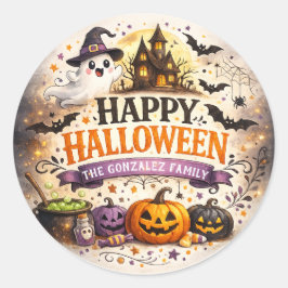 Vattenfärg Halloween Familj Rund Klistermärke
