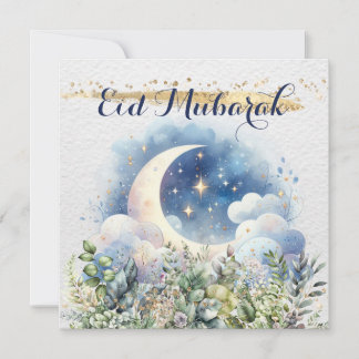 Vattenfärg Halvmåne Eid Mubarak Guldaccent Julkort