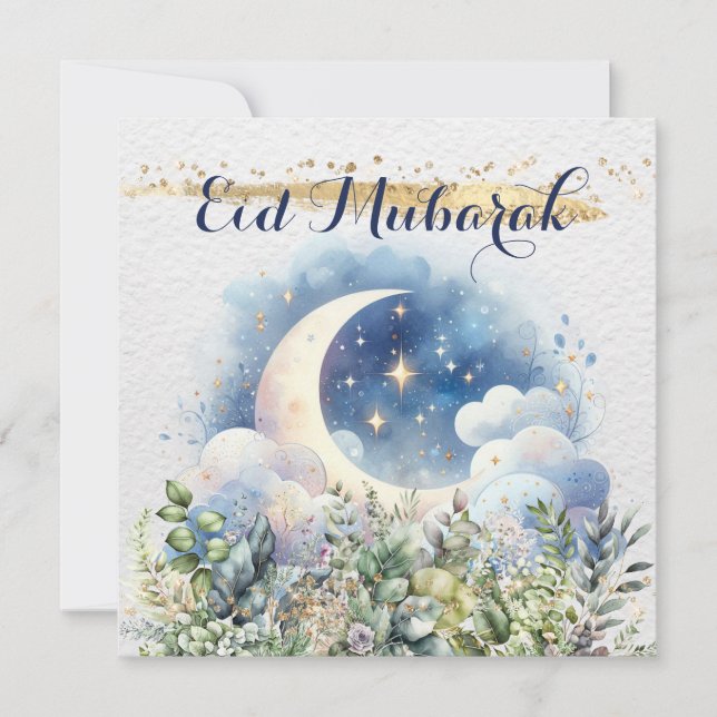 Vattenfärg Halvmåne Eid Mubarak Guldaccent   Julkort (Framsida)