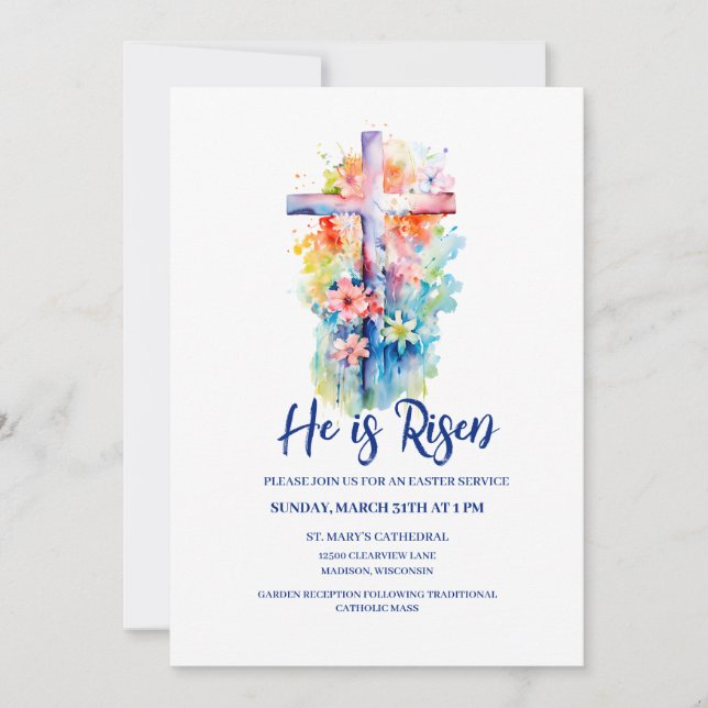 Vattenfärg Han är Risen Religiösa Påsk Blommigt Inbjudningar (Framsida)