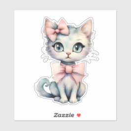 Vattenfärg Hand plockade Kattunge med två Rosa Bow Klistermärken