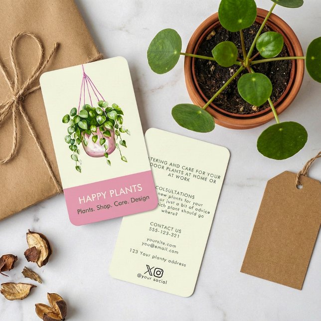 Vattenfärg Hanging Plant Rosa and Cream Visitkort (Watercolor Hanging Plant Pink and Cream Business Card.)