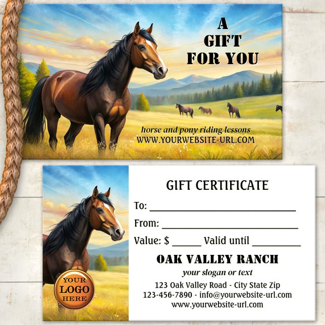 Vattenfärg Hästridningslektioner Presentkort Rabattkort (Artistic gift certificate featuring horses in a watercolor landscape - horse and pony riding lessons)