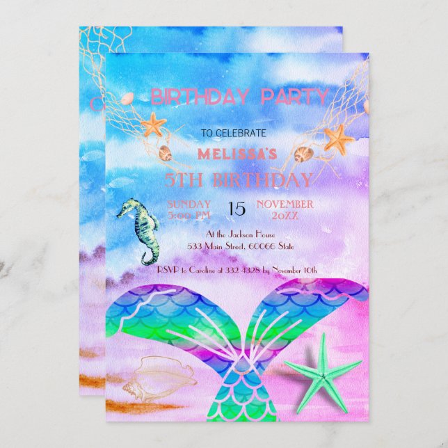 Vattenfärg Havsdjur Födelsedagsfest Inbjudan (Fram/baksida)