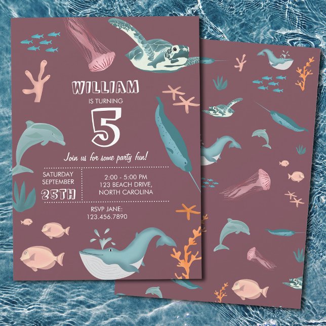 Vattenfärg Havsdjur  Rosa Födelsedag Inbjudningar (Watercolor Ocean Sea Animals Blush Pink Birthday Invitation)
