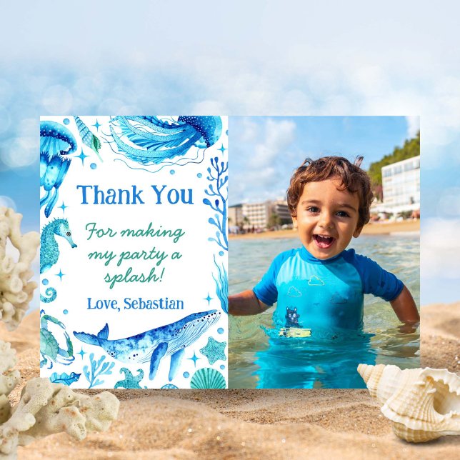 Vattenfärg Havsdjur Valval under Havsfoto Tack Kort (Watercolor Ocean Animals Whale Under the Sea Photo Thank You Card)