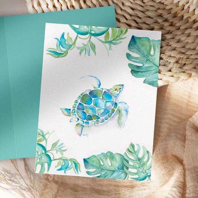 Vattenfärg Havssköldpadda Tom Kort (Sea turtle thank you cards blank with palm leaves watercolor art by Victoria Grigaliunas)
