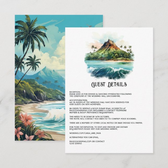 Vattenfärg Hawaii Bröllopsgästinformation Tilläggskort (Fram/baksida)