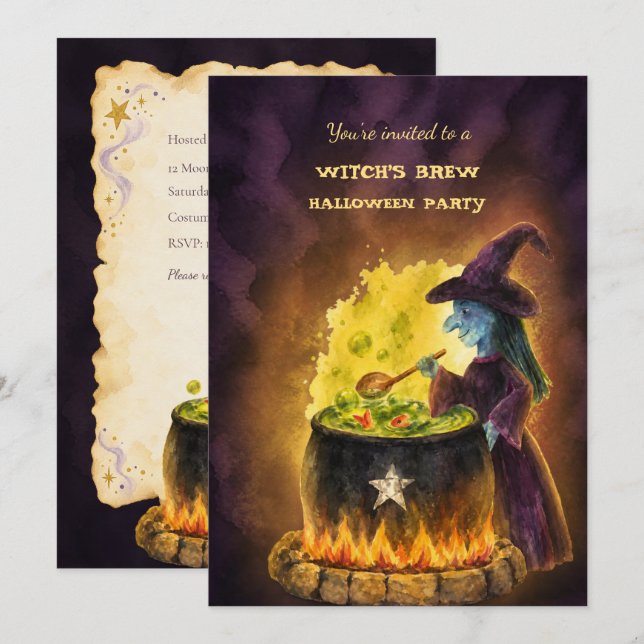 Vattenfärg Häxans Brygd Halloween-fest Inbjudan (Fram/baksida)