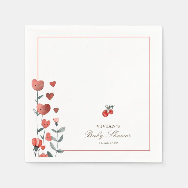 Vattenfärg Heart-Blommigten Cherry on Top Baby Sho Pappersservett (Framsidan)