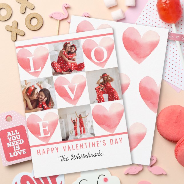 Vattenfärg Heart Photo Collage Valentine's Julkort (Send some love to your family and friends with this photo collage Valentine's Day card.)