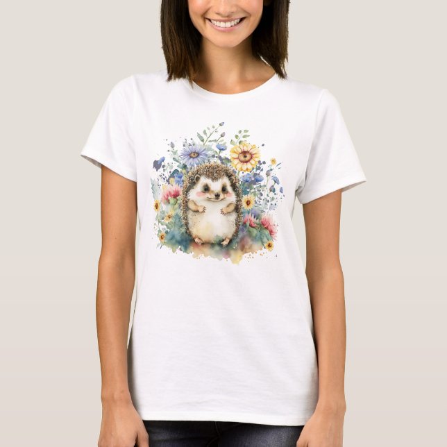 Vattenfärg Hedgehog in Flowers T Shirt (Framsida)