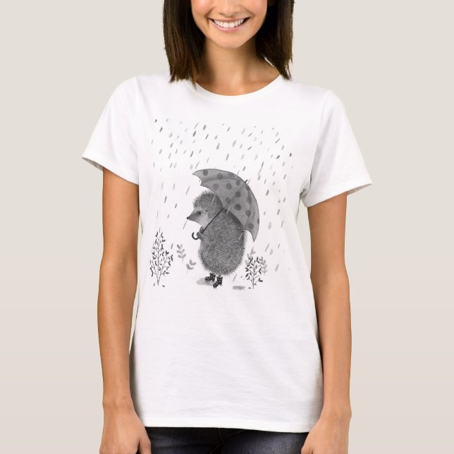 Vattenfärg Hedgehog Rain Whimsical Illustration T Shirt (Framsida)