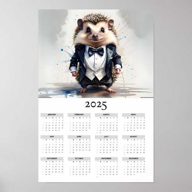 Vattenfärg Hedgehog Tux Bow Tie 2025 Wall Calendar Poster (Framsidan)