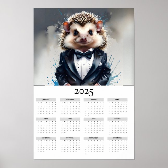Vattenfärg Hedgehog Wearing Tux 2025 Wall Calendar Poster (Framsidan)