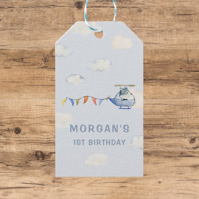 Vattenfärg Helikopter Blå Första Födelsedagsfavori Presentetikett (Skapare uppladdad)