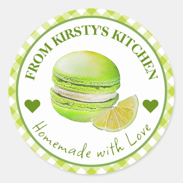 Vattenfärg Hemlagad Gingham Lime Macaroon Etikett (Framsida)