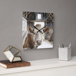 Vattenfärg Hereford Cow i Barn Fyrkantig Klocka