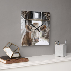Vattenfärg Hereford Cow i Barn Fyrkantig Klocka