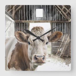 Vattenfärg Hereford Cow i Barn Fyrkantig Klocka