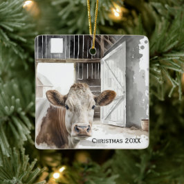Vattenfärg Hereford Cow i Barn Julgransprydnad Keramik