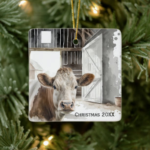 Vattenfärg Hereford Cow i Barn Julgransprydnad Keramik
