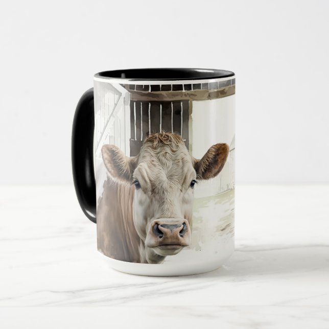 Vattenfärg Hereford Cow i Barn Mugg (Framsida vänster)