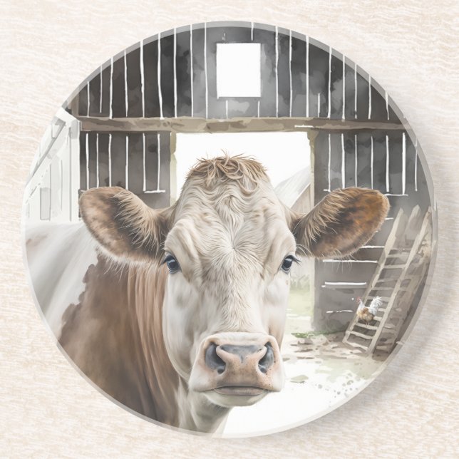 Vattenfärg Hereford Cow i Barn Underlägg (Framsidan)